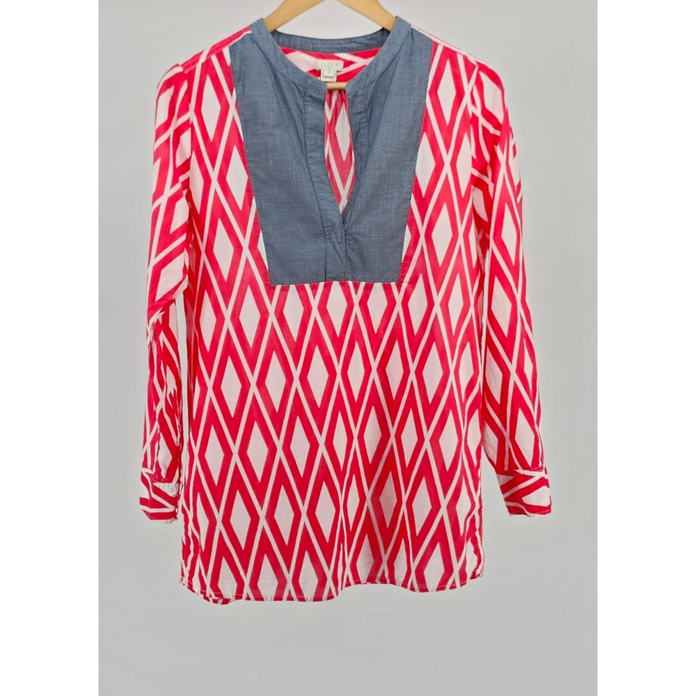 J.Crew Womens Pink White Diamond Geometric Tunic Top Blue Chambray Bib Small